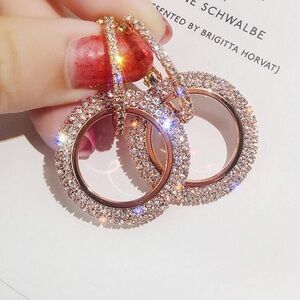 NIB Zirconia Pave Double Loop Gold Clip Statement Earring Evening Party Jewelry